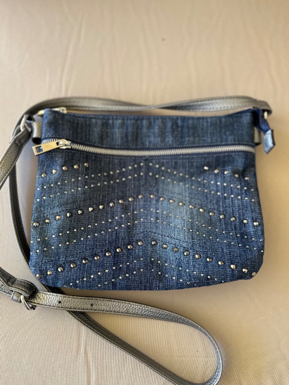 Blue Denim Rhinestone Studded Crossbody Bag - Picture 6 of 10